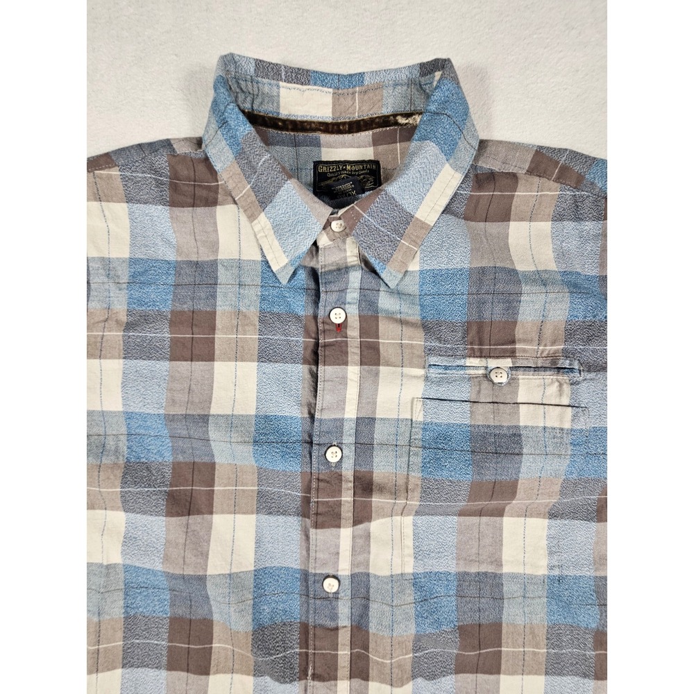 Grizzly Mountain Mens XL Blue Brown Plaid Short Sleeve Cotton Button Down Shirt